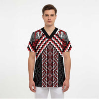 Maori Tukutuku Taniko Motifs Scrub Top Red Poutama Mix Kowhaiwhai LT7 - Polynesian Pride
