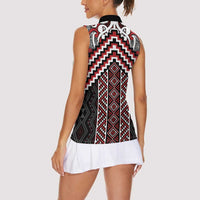 Maori Tukutuku Taniko Motifs Women Sleeveless Polo Shirt Red Poutama Mix Kowhaiwhai