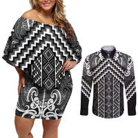 Maori Tukutuku Taniko Motifs Couples Matching Off Shoulder Short Dress and Long Sleeve Button Shirt Black Poutama Mix Kowhaiwhai