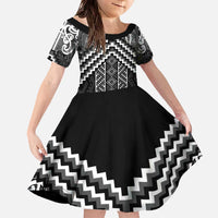 Maori Tukutuku Taniko Motifs Family Matching Off The Shoulder Long Sleeve Dress and Hawaiian Shirt Black Poutama Mix Kowhaiwhai