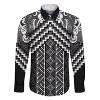 Maori Tukutuku Taniko Motifs Family Matching Off The Shoulder Long Sleeve Dress and Hawaiian Shirt Black Poutama Mix Kowhaiwhai