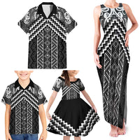Maori Tukutuku Taniko Motifs Family Matching Tank Maxi Dress and Hawaiian Shirt Black Poutama Mix Kowhaiwhai