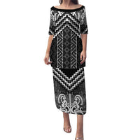 Maori Tukutuku Taniko Motifs Puletasi Black Poutama Mix Kowhaiwhai LT7 Long Dress Black - Polynesian Pride