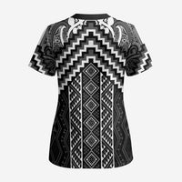 Maori Tukutuku Taniko Motifs Scrub Top Black Poutama Mix Kowhaiwhai LT7 - Polynesian Pride