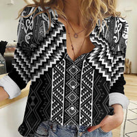 Maori Tukutuku Taniko Motifs Women Casual Shirt Black Poutama Mix Kowhaiwhai