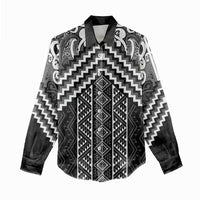 Maori Tukutuku Taniko Motifs Women Casual Shirt Black Poutama Mix Kowhaiwhai