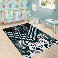 Maori Tukutuku Taniko Motifs Area Rug Teal Poutama Mix Kowhaiwhai