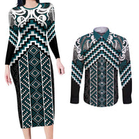 Maori Tukutuku Taniko Motifs Couples Matching Long Sleeve Bodycon Dress and Long Sleeve Button Shirt Teal Poutama Mix Kowhaiwhai