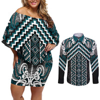 Maori Tukutuku Taniko Motifs Couples Matching Off Shoulder Short Dress and Long Sleeve Button Shirt Teal Poutama Mix Kowhaiwhai