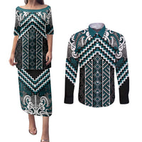 Maori Tukutuku Taniko Motifs Couples Matching Puletasi and Long Sleeve Button Shirt Teal Poutama Mix Kowhaiwhai