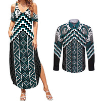 Maori Tukutuku Taniko Motifs Couples Matching Summer Maxi Dress and Long Sleeve Button Shirt Teal Poutama Mix Kowhaiwhai