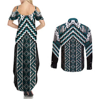 Maori Tukutuku Taniko Motifs Couples Matching Summer Maxi Dress and Long Sleeve Button Shirt Teal Poutama Mix Kowhaiwhai