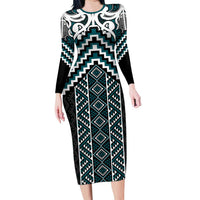 Maori Tukutuku Taniko Motifs Family Matching Long Sleeve Bodycon Dress and Hawaiian Shirt Teal Poutama Mix Kowhaiwhai