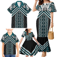 Maori Tukutuku Taniko Motifs Family Matching Mermaid Dress and Hawaiian Shirt Teal Poutama Mix Kowhaiwhai