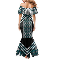 Maori Tukutuku Taniko Motifs Family Matching Mermaid Dress and Hawaiian Shirt Teal Poutama Mix Kowhaiwhai