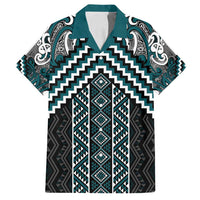 Maori Tukutuku Taniko Motifs Family Matching Tank Maxi Dress and Hawaiian Shirt Teal Poutama Mix Kowhaiwhai
