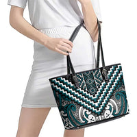 Maori Tukutuku Taniko Motifs Leather Tote Bag Teal Poutama Mix Kowhaiwhai