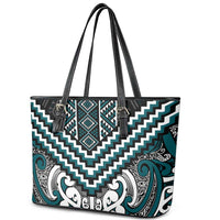 Maori Tukutuku Taniko Motifs Leather Tote Bag Teal Poutama Mix Kowhaiwhai