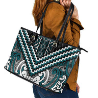 Maori Tukutuku Taniko Motifs Leather Tote Bag Teal Poutama Mix Kowhaiwhai