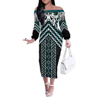 Maori Tukutuku Taniko Motifs Off The Shoulder Long Sleeve Dress Teal Poutama Mix Kowhaiwhai