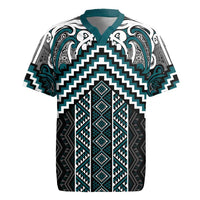 Maori Tukutuku Taniko Motifs Rugby Jersey Teal Poutama Mix Kowhaiwhai