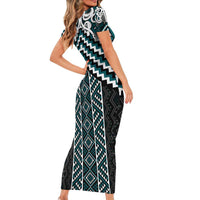 Maori Tukutuku Taniko Motifs Short Sleeve Bodycon Dress Teal Poutama Mix Kowhaiwhai