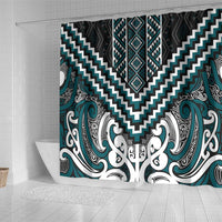 Maori Tukutuku Taniko Motifs Shower Curtain Teal Poutama Mix Kowhaiwhai