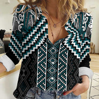 Maori Tukutuku Taniko Motifs Women Casual Shirt Teal Poutama Mix Kowhaiwhai