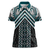 Maori Tukutuku Taniko Motifs Women Polo Shirt Teal Poutama Mix Kowhaiwhai