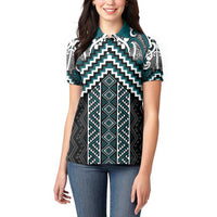 Maori Tukutuku Taniko Motifs Women Polo Shirt Teal Poutama Mix Kowhaiwhai