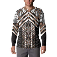 Maori Tukutuku Taniko Motifs Button Sweatshirt Brown Poutama Mix Kowhaiwhai LT7 - Polynesian Pride