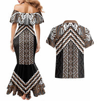 Maori Tukutuku Taniko Motifs Couples Matching Mermaid Dress and Hawaiian Shirt Brown Poutama Mix Kowhaiwhai