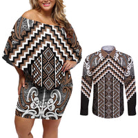 Maori Tukutuku Taniko Motifs Couples Matching Off Shoulder Short Dress and Long Sleeve Button Shirt Brown Poutama Mix Kowhaiwhai