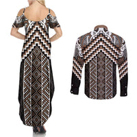 Maori Tukutuku Taniko Motifs Couples Matching Summer Maxi Dress and Long Sleeve Button Shirt Brown Poutama Mix Kowhaiwhai
