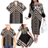 Maori Tukutuku Taniko Motifs Family Matching Off The Shoulder Long Sleeve Dress and Hawaiian Shirt Brown Poutama Mix Kowhaiwhai