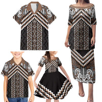 Maori Tukutuku Taniko Motifs Family Matching Puletasi and Hawaiian Shirt Brown Poutama Mix Kowhaiwhai