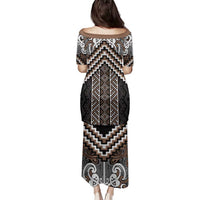 Maori Tukutuku Taniko Motifs Family Matching Puletasi and Hawaiian Shirt Brown Poutama Mix Kowhaiwhai