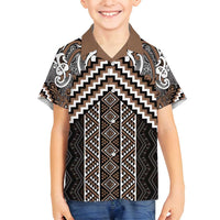Maori Tukutuku Taniko Motifs Family Matching Tank Maxi Dress and Hawaiian Shirt Brown Poutama Mix Kowhaiwhai
