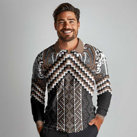 Maori Tukutuku Taniko Motifs Long Sleeve Polo Shirt Brown Poutama Mix Kowhaiwhai