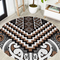Maori Tukutuku Taniko Motifs Round Carpet Brown Poutama Mix Kowhaiwhai
