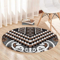 Maori Tukutuku Taniko Motifs Round Carpet Brown Poutama Mix Kowhaiwhai