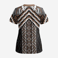 Maori Tukutuku Taniko Motifs Scrub Top Brown Poutama Mix Kowhaiwhai LT7 - Polynesian Pride