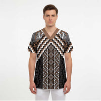 Maori Tukutuku Taniko Motifs Scrub Top Brown Poutama Mix Kowhaiwhai LT7 - Polynesian Pride