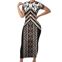 Maori Tukutuku Taniko Motifs Short Sleeve Bodycon Dress Brown Poutama Mix Kowhaiwhai