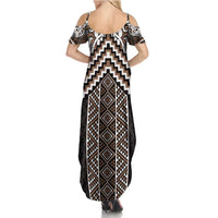 Maori Tukutuku Taniko Motifs Summer Maxi Dress Brown Poutama Mix Kowhaiwhai