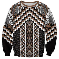 Maori Tukutuku Taniko Motifs Sweatshirt Brown Poutama Mix Kowhaiwhai LT7 Unisex Brown - Polynesian Pride