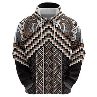 Maori Tukutuku Taniko Motifs Zip Hoodie Brown Poutama Mix Kowhaiwhai
