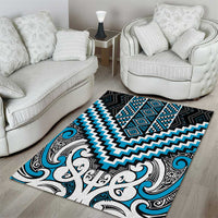Maori Tukutuku Taniko Motifs Area Rug Turquoise Poutama Mix Kowhaiwhai