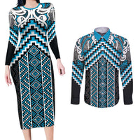 Maori Tukutuku Taniko Motifs Couples Matching Long Sleeve Bodycon Dress and Long Sleeve Button Shirt Turquoise Poutama Mix Kowhaiwhai