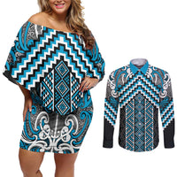 Maori Tukutuku Taniko Motifs Couples Matching Off Shoulder Short Dress and Long Sleeve Button Shirt Turquoise Poutama Mix Kowhaiwhai